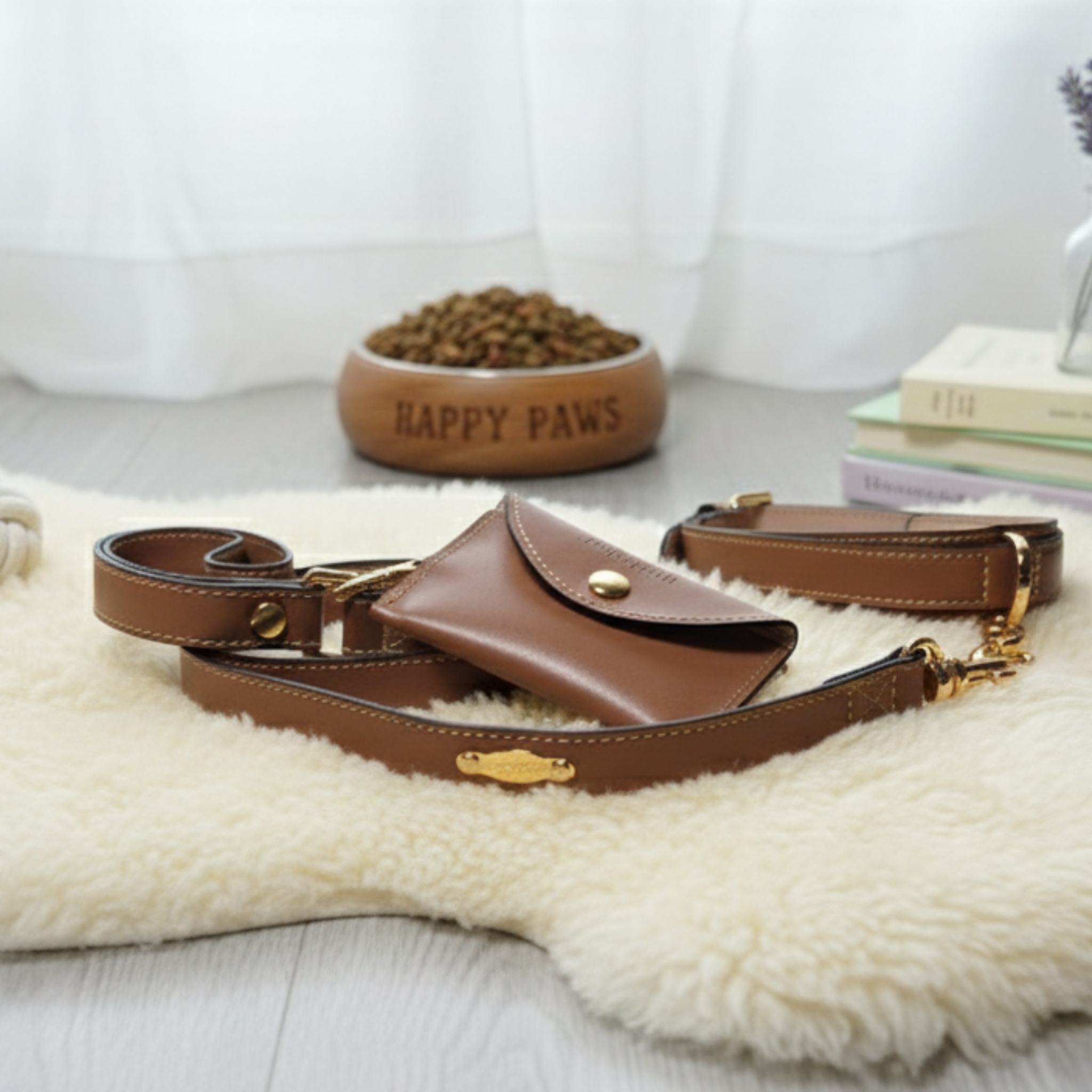 Set Collare e Guinzaglio in Pelle con Porta Sacchetti